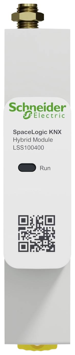 Hybridní modul Schneider Electric SpaceLogic KNX s QR kódem. Nahoře jsou dva vstupy, dole jeden žlutý vstup.
