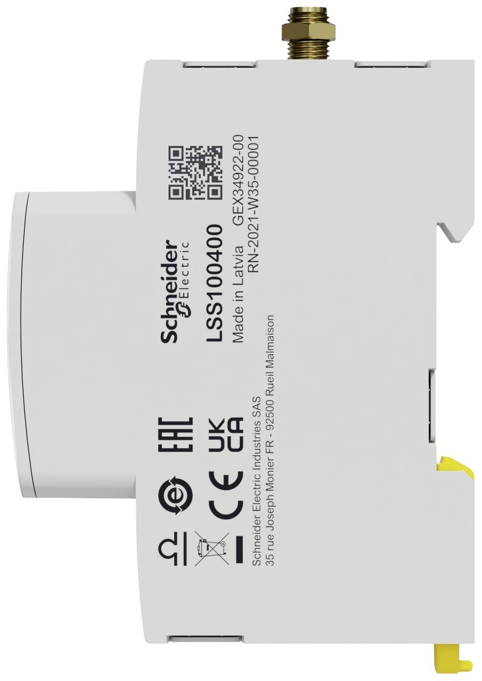 Bílý elektrický spínač od Schneider Electric. Číslo modelu LS100400. Na přední straně jsou umístěny technické detaily a certifikační loga.