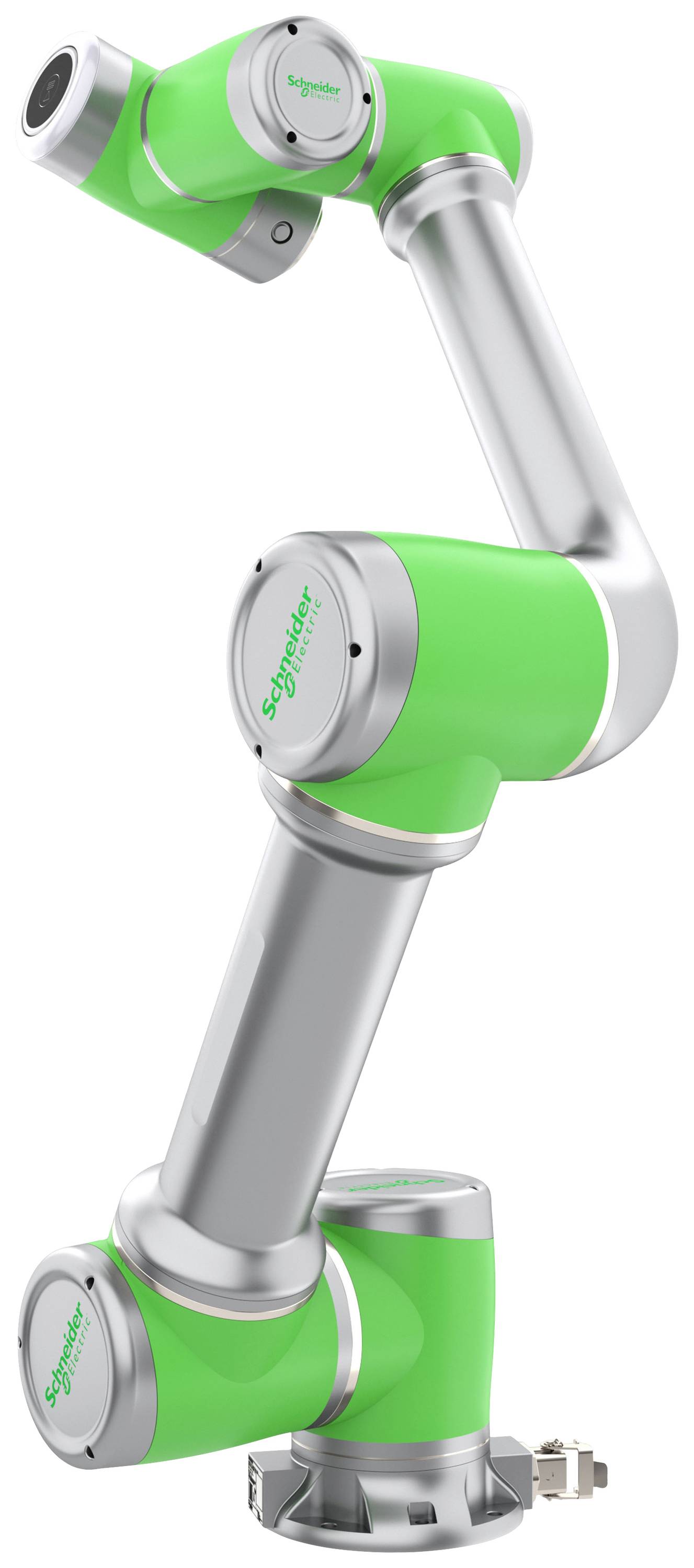 Průmyslové robotické rameno v stříbrné a zelené barvě, které využívá klouby pro přesné pohyby ve výrobě.