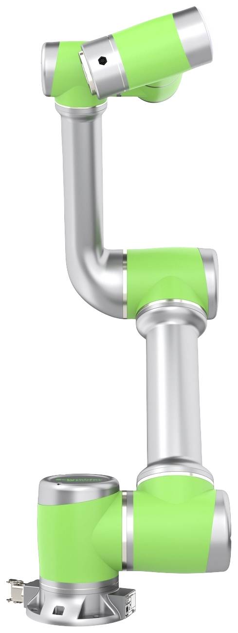 Stříbrné robotické rameno se zelenými klouby, vhodné pro průmyslové aplikace, ukazuje svou flexibilitu a schopnost pohybu.