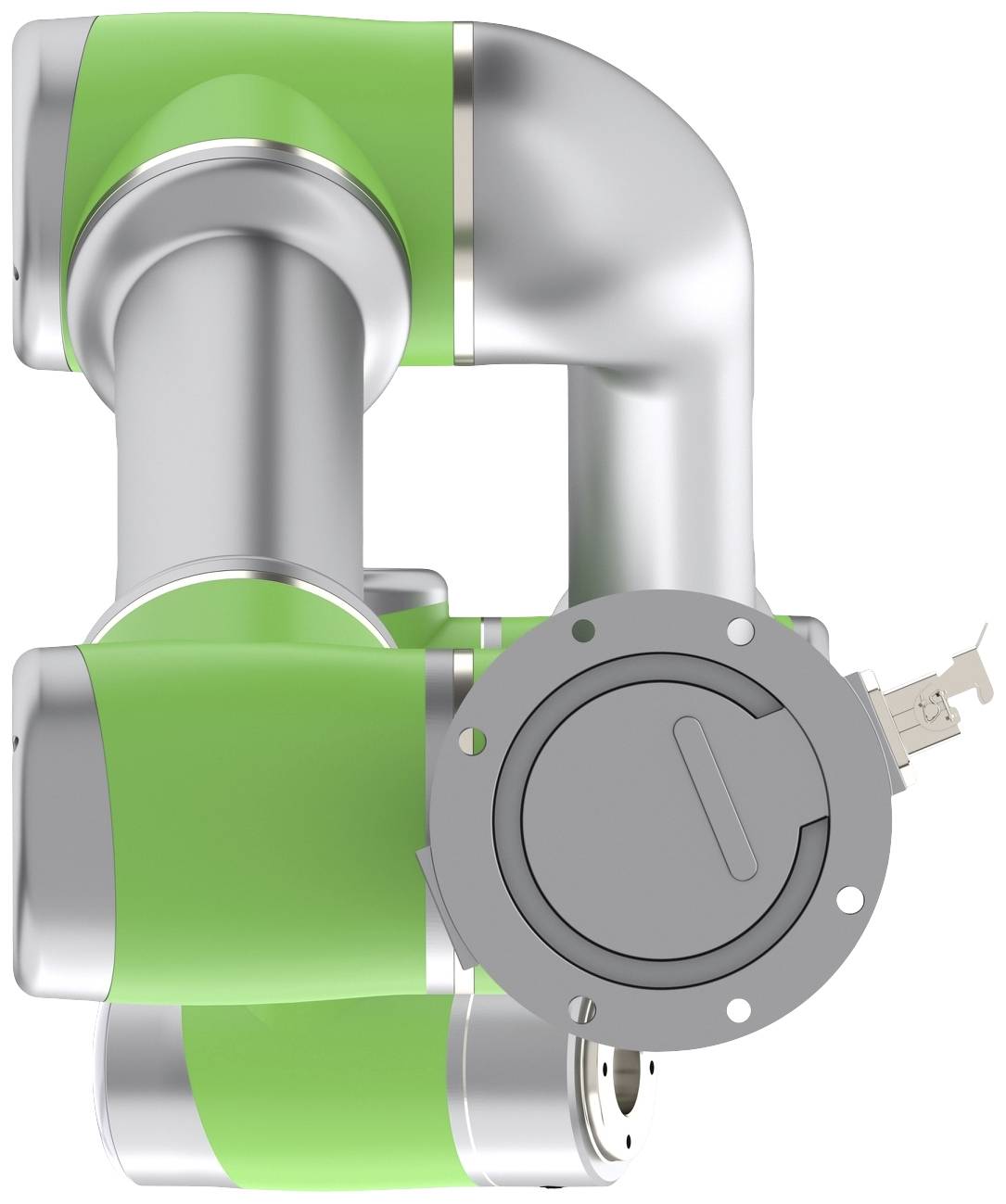 Zelená a stříbrná robotická paže s několika klouby, určená pro přesné pohyby v průmyslových aplikacích.