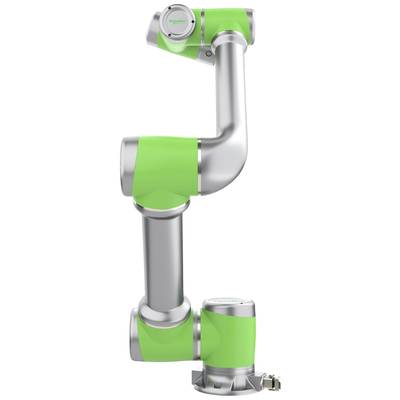 Průmyslové robotické rameno se zelenými akcenty, kovovým tělem a klouby, určené pro automatizaci nebo výrobní procesy.