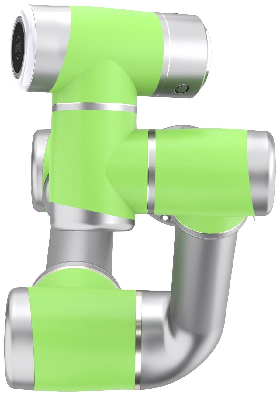 Zelený a stříbrný robotický rameno s několika klouby, umožňující flexibilní pohyby a často využívaný v průmyslové automatizaci.