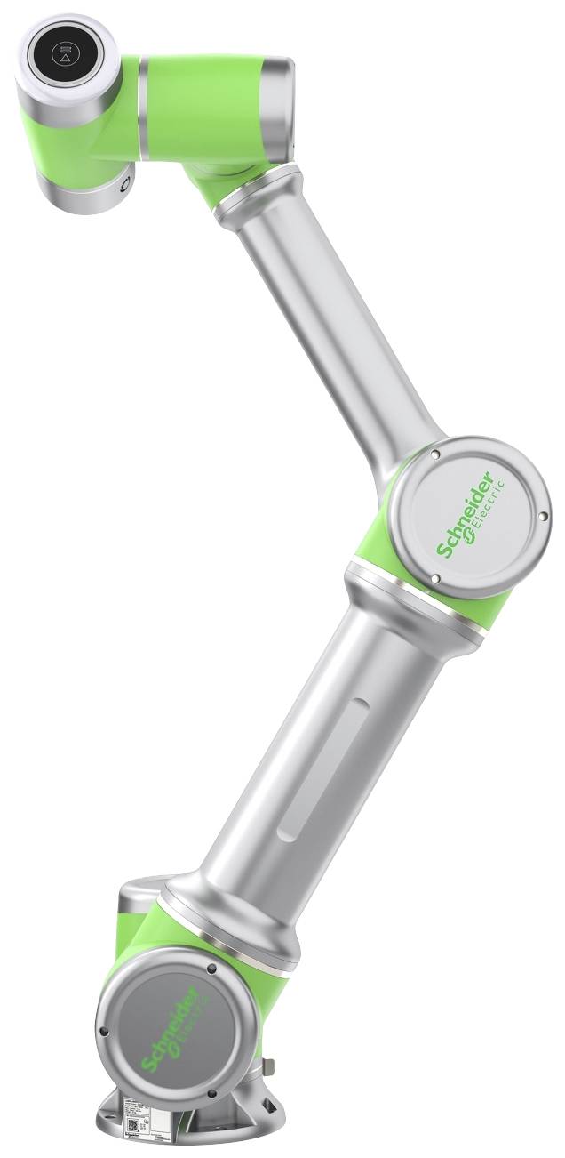 Robotická paže se zelenými a stříbrnými komponenty, zobrazená z bočního pohledu s kloubovými strukturami.