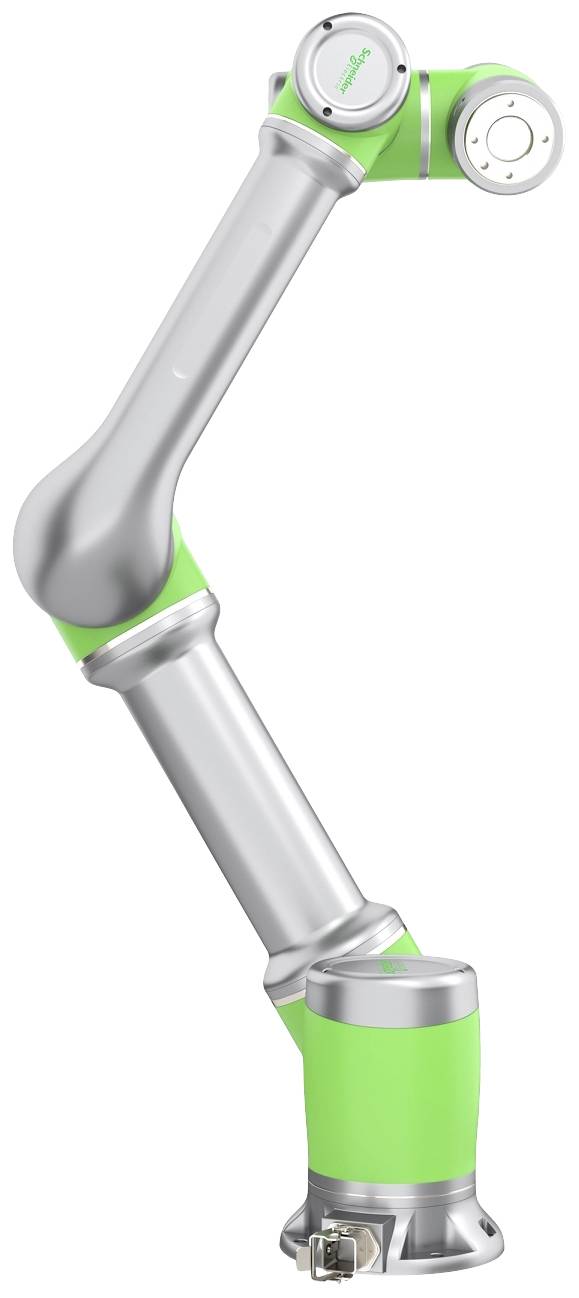 Zelená a stříbrná robotická paže se třemi klouby, vhodná pro průmyslové aplikace nebo přesné pohyby v automatizaci.