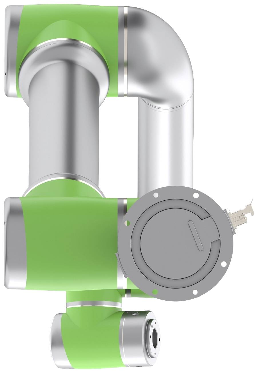 Průmyslové robotické rameno v zelené a šedé barvě, zobrazující klouby auchopovač.