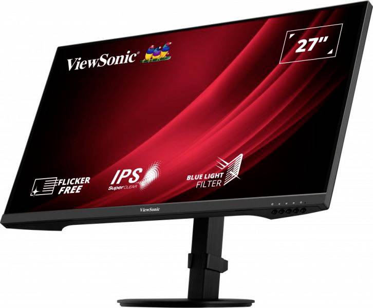Počítačový monitor značky ViewSonic o velikosti 27 palců, s IPS technologií, bez blikání a s filtrem modrého světla, svisle umístěný na stojanu.