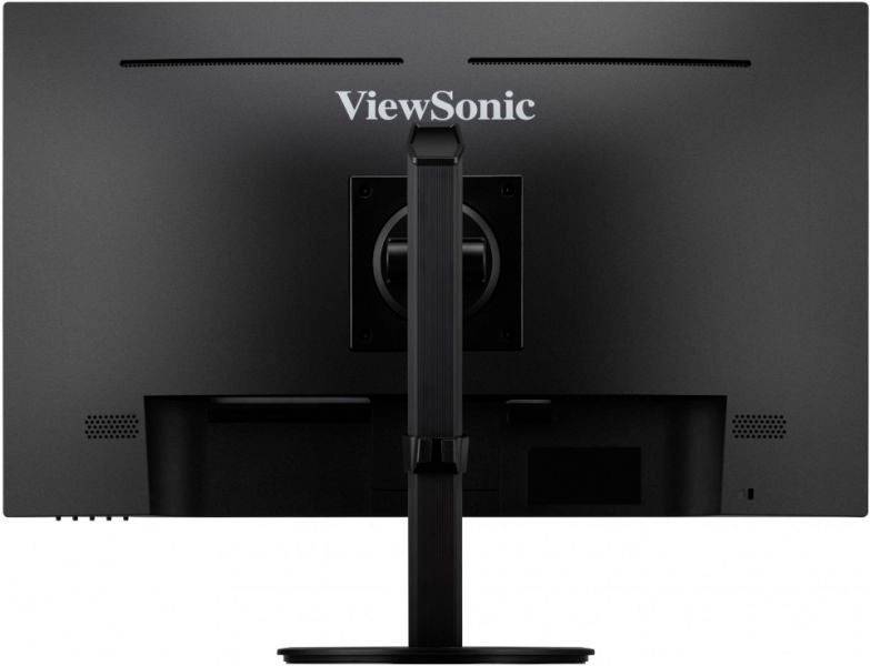 Pohled na monitor ViewSonic zezadu, černé barvy, umístěný na stojanu.