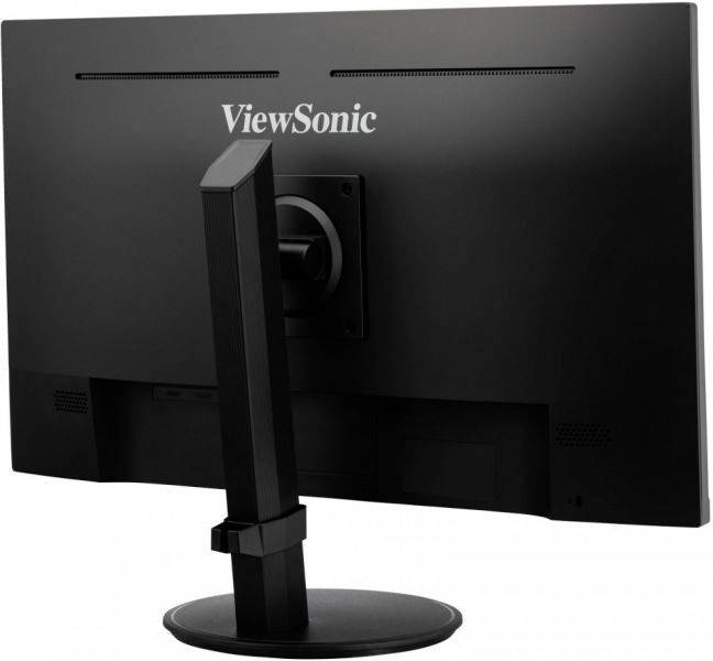 Černý monitor značky 'ViewSonic' pohledem zezadu, umístěný na kulatém podstavci.