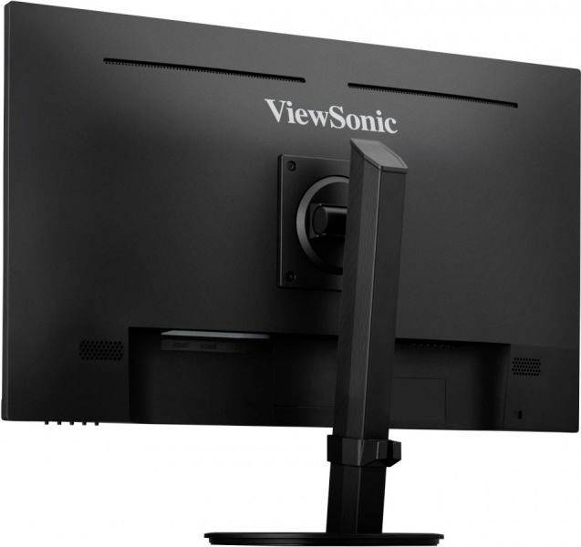 Zadní pohled na černý počítačový monitor značky ViewSonic namontovaný na výškově nastavitelném stojanu.