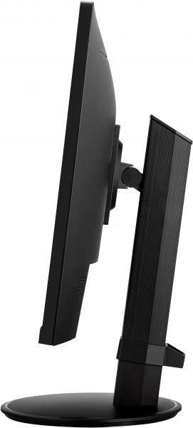Boční pohled na černý plochý monitor s úzkým stojanem, minimalisticky navržený pro moderní pracoviště.
