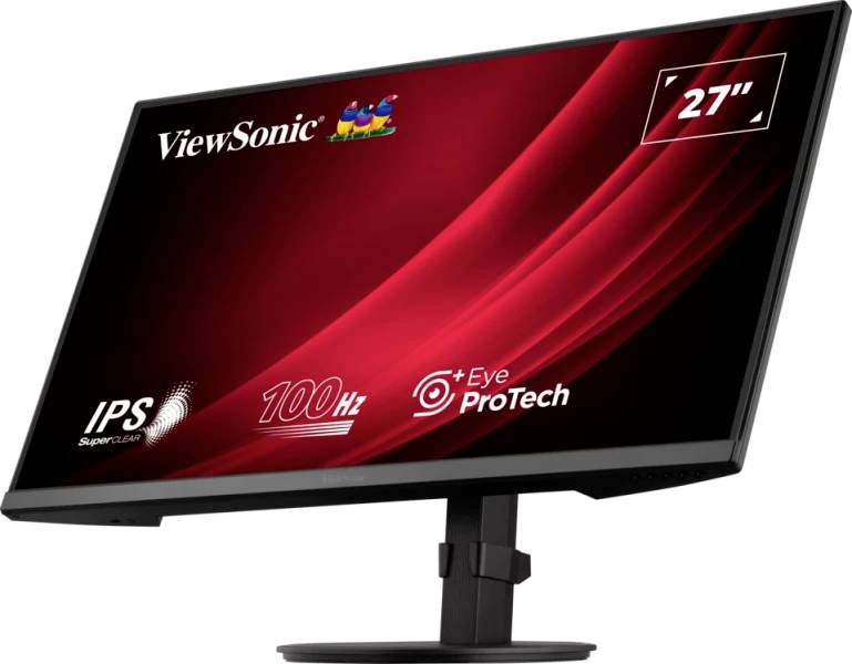 27palcový monitor od ViewSonic s technologií IPS, obnovovací frekvencí 100 Hz a funkcemi Eye ProTech na červeném pozadí.