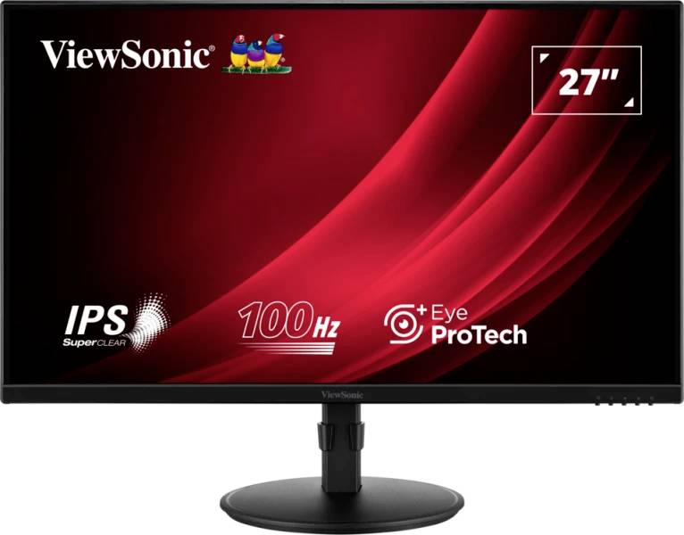 Monitor ViewSonic s 27palcovou obrazovkou. Vlastnosti: IPS SuperClear, 100 Hz, Eye ProTech. Červené pozadí s bílým textem.