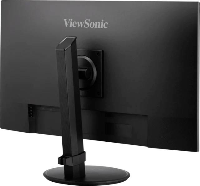 Pohled zezadu na černý počítačový monitor umístěný na kulatém stojanu, s viditelným logem značky 'ViewSonic' nahoře.