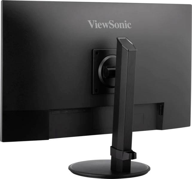 Černý počítačový monitor značky ViewSonic, zobrazený zezadu, umístěný na stabilním stojanu.