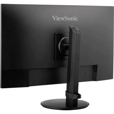 Černý počítačový monitor značky ViewSonic, zobrazený zezadu, umístěný na stabilním stojanu.