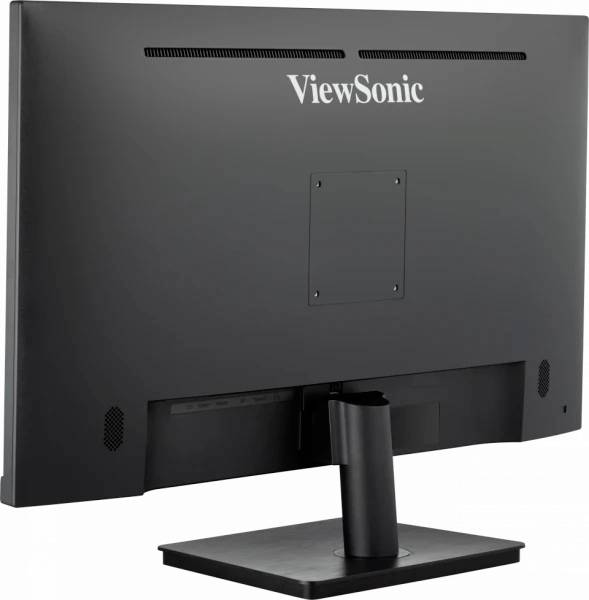 Pohled zezadu na černý monitor značky ViewSonic. Viditelné jsou větrací otvory a stabilní podstavec.