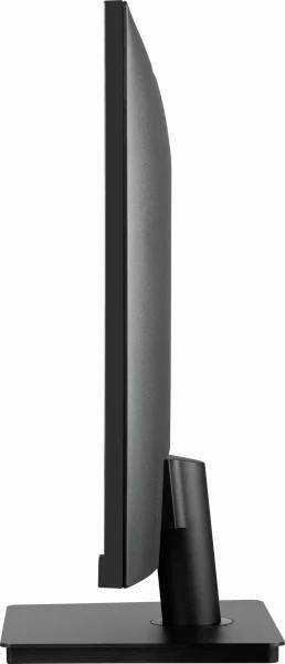 Černý počítačový monitor z bočního pohledu ukazuje svou štíhlou konstrukci.