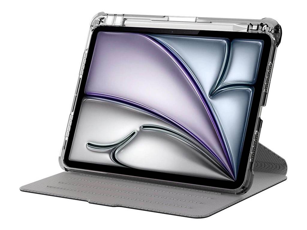 Tablet v vertikálním pouzdře zobrazuje abstraktní vzor na obrazovce.