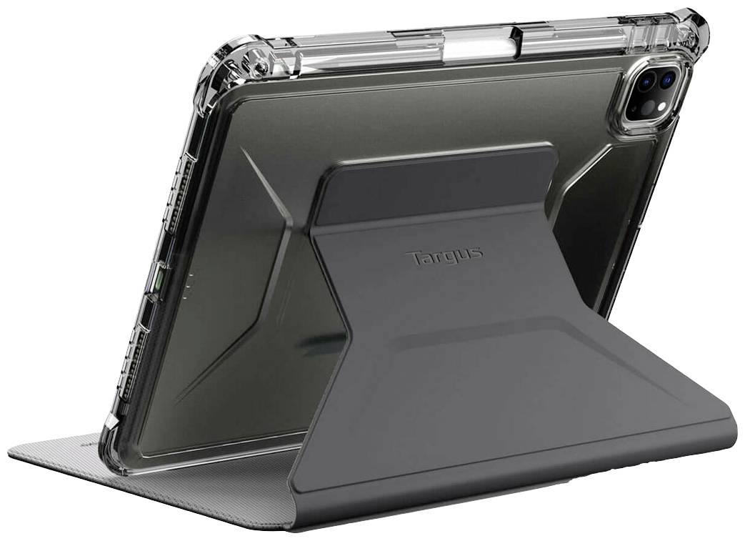 Černý ochranný obal na tablet je otevřený, tablet je zobrazen zezadu. Obal má integrovanou opěrnou stojanovou nohu.