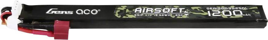 Baterie má nápis 'Gens Ace Airsoft' a '1200 mAh'. Má červené kabely.