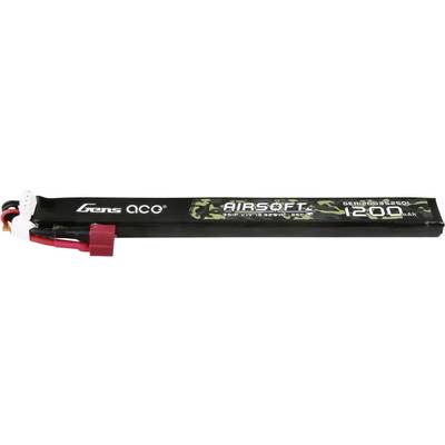 Baterie má nápis 'Gens Ace Airsoft' a '1200 mAh'. Má červené kabely.