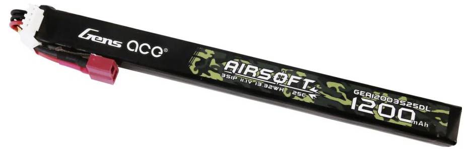 Černá airsoftová baterie Schwarze Gens Ace s nápisem '1200 mAh', červeným konektorem a maskovacími detaily.
