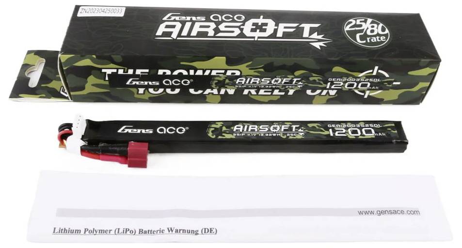 Gens Ace Airsoft lithium-polymerový akumulátor 1200mAh v maskované krabičce. Bezpečnostní pokyny k používání jsou přiloženy.