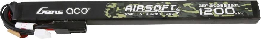 Airsoftový akumulátor s kapacitou 1200 mAh a maskáčovým vzorem, včetně kabelů a konektorů pro připojení.