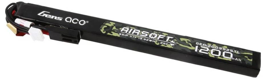 Plochá černá lithiová baterie pro airsoftové zbraně s nápisem „1200 mAh".