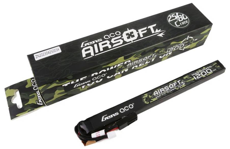 Obal a akumulátor do airsoftové zbraně značky 'Gens acc'. Text: 'Síla, která odemyká vaši airsoftovou výbavu.'<br>Kapacita: 1200mAh, 25C.