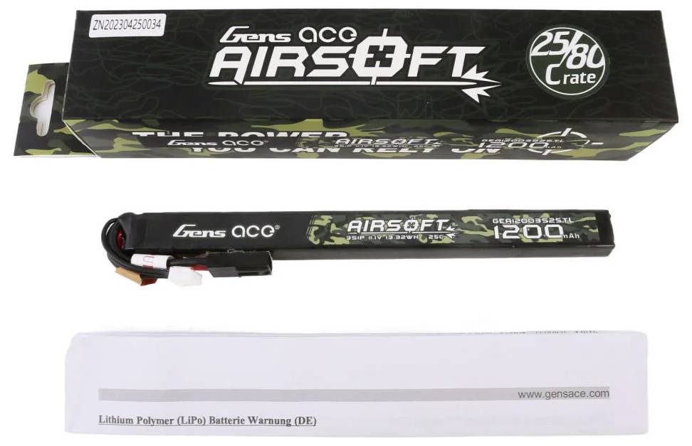 Gens Ace Airsoftová baterie s kapacitou 1200 mAh, zobrazená vedle obalu a výstražného štítku pro lithium-polymerovou (LiPo) baterii.