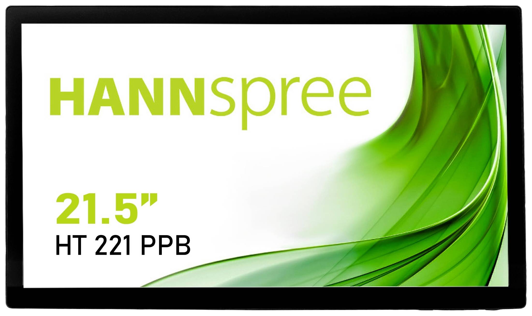 21,5" HT 221 PPB Hannspree monitor s motivem zeleného abstraktního designu na bílém pozadí.