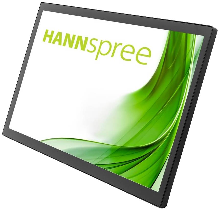 Černý monitor s logem 'Hannspree' v zelené barvě. Display zobrazuje abstraktní zelenou vlnovku na bílém pozadí.