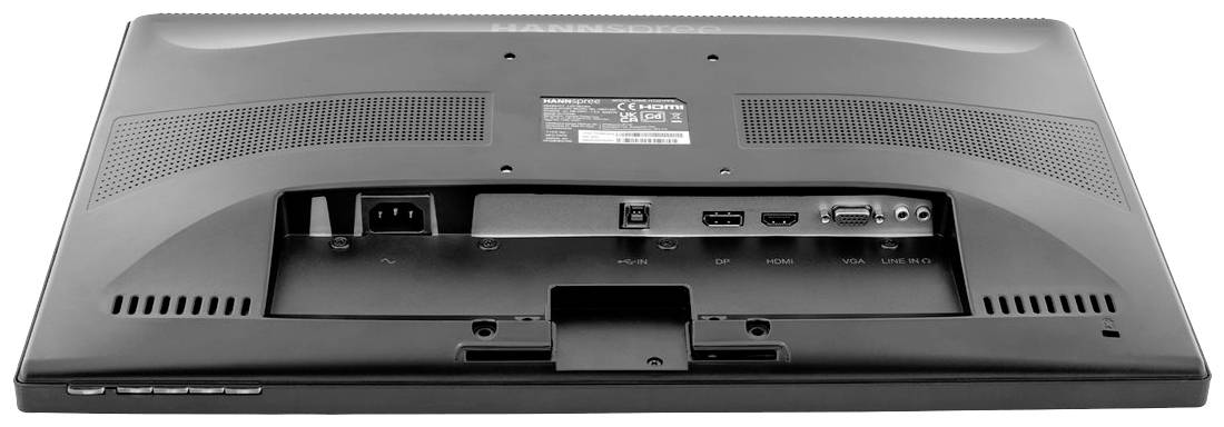 Zadní pohled na monitor s viditelnými porty, včetně napájení, HDMI, VGA a USB.