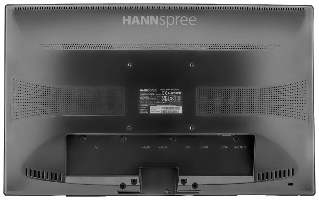 Monitor zezadu značky 'Hannspree' zobrazuje konektory: DisplayPort, HDMI, VGA a Line-In.