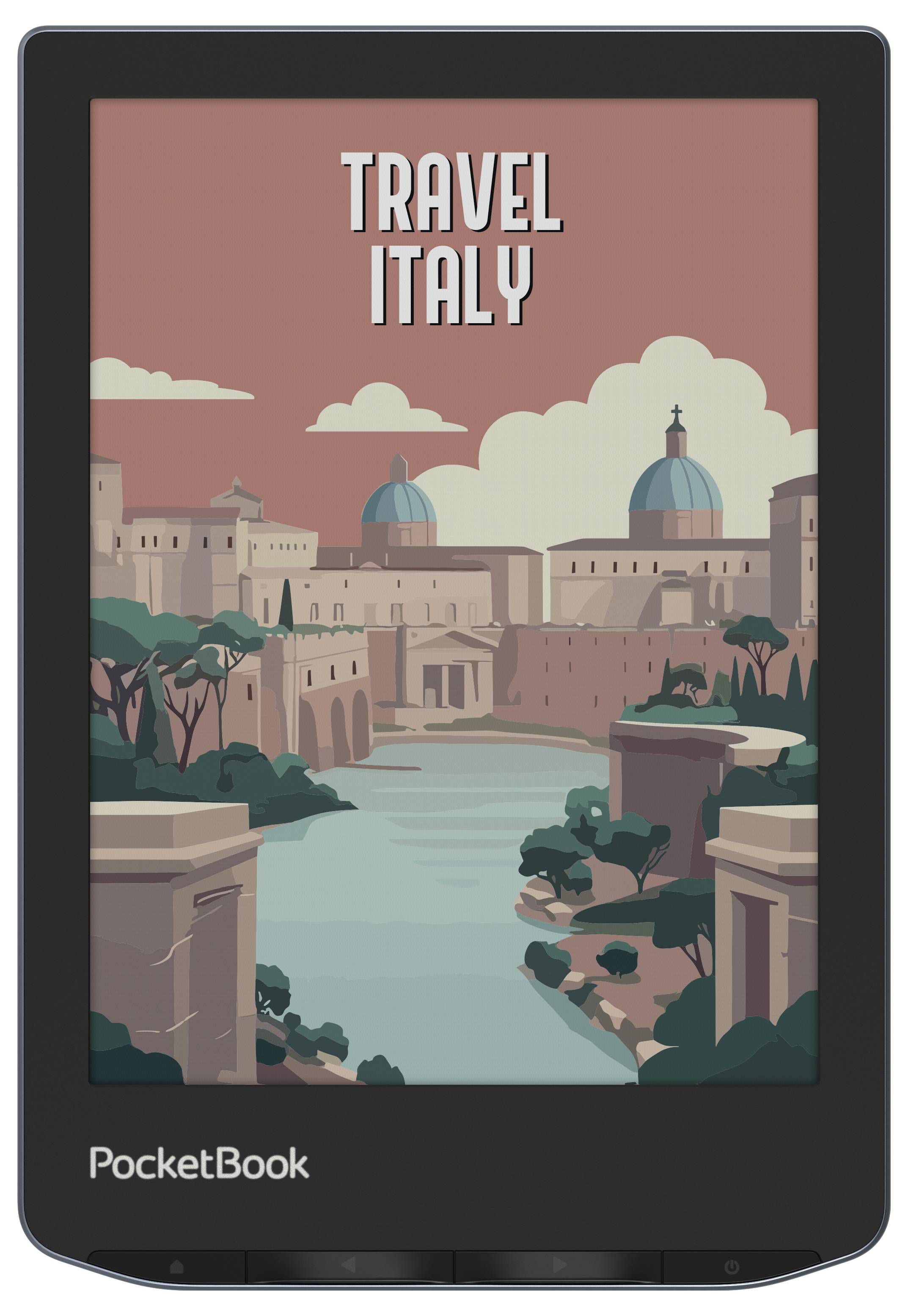 Ilustrace elektronické čtečky s historickým pohledem na město a textem 'Travel Italy'.