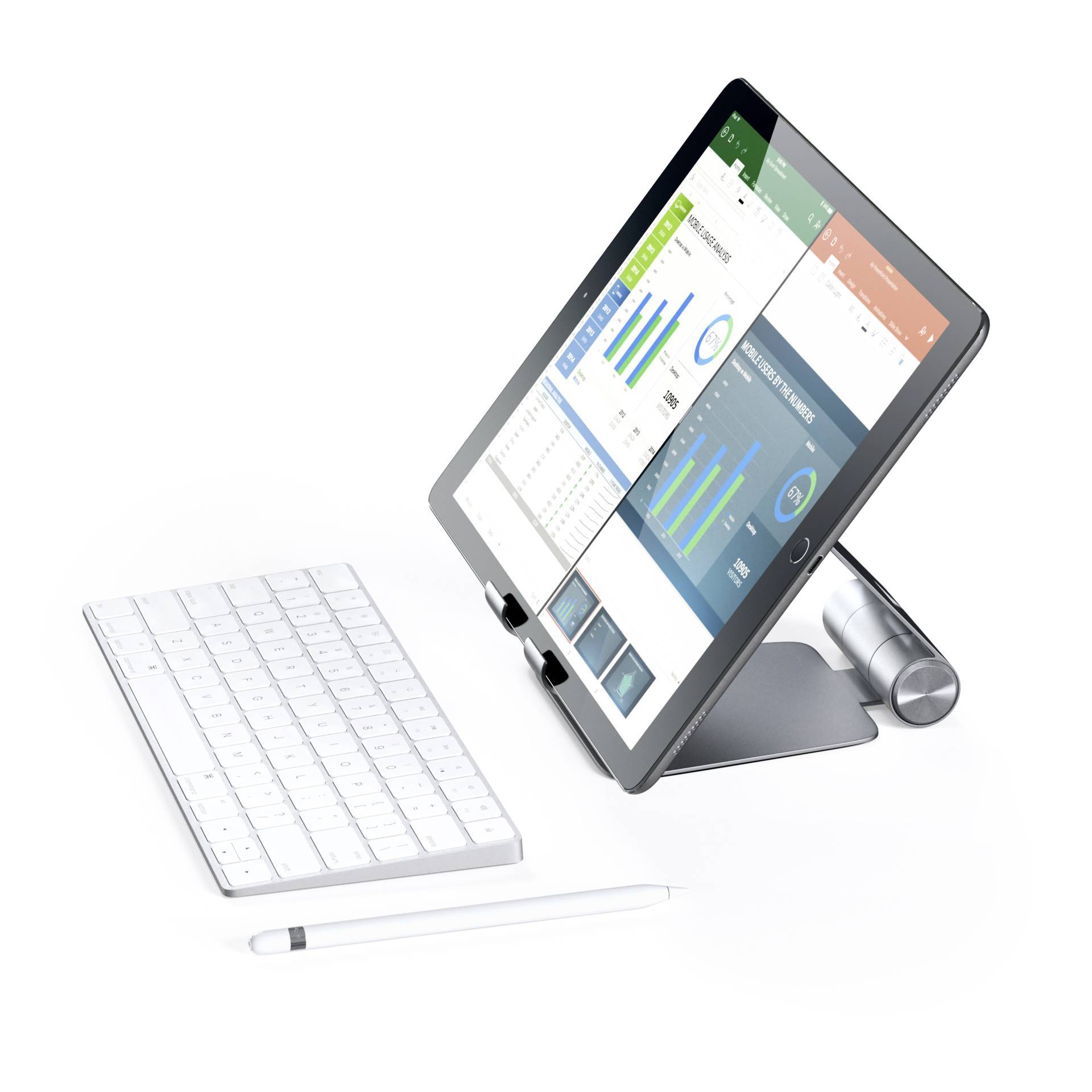 Tablet na stojanu s klávesnicí a stylusem. Obrazovka zobrazuje dva diagramy a kalendář. Vhodné pro kancelářskou práci.