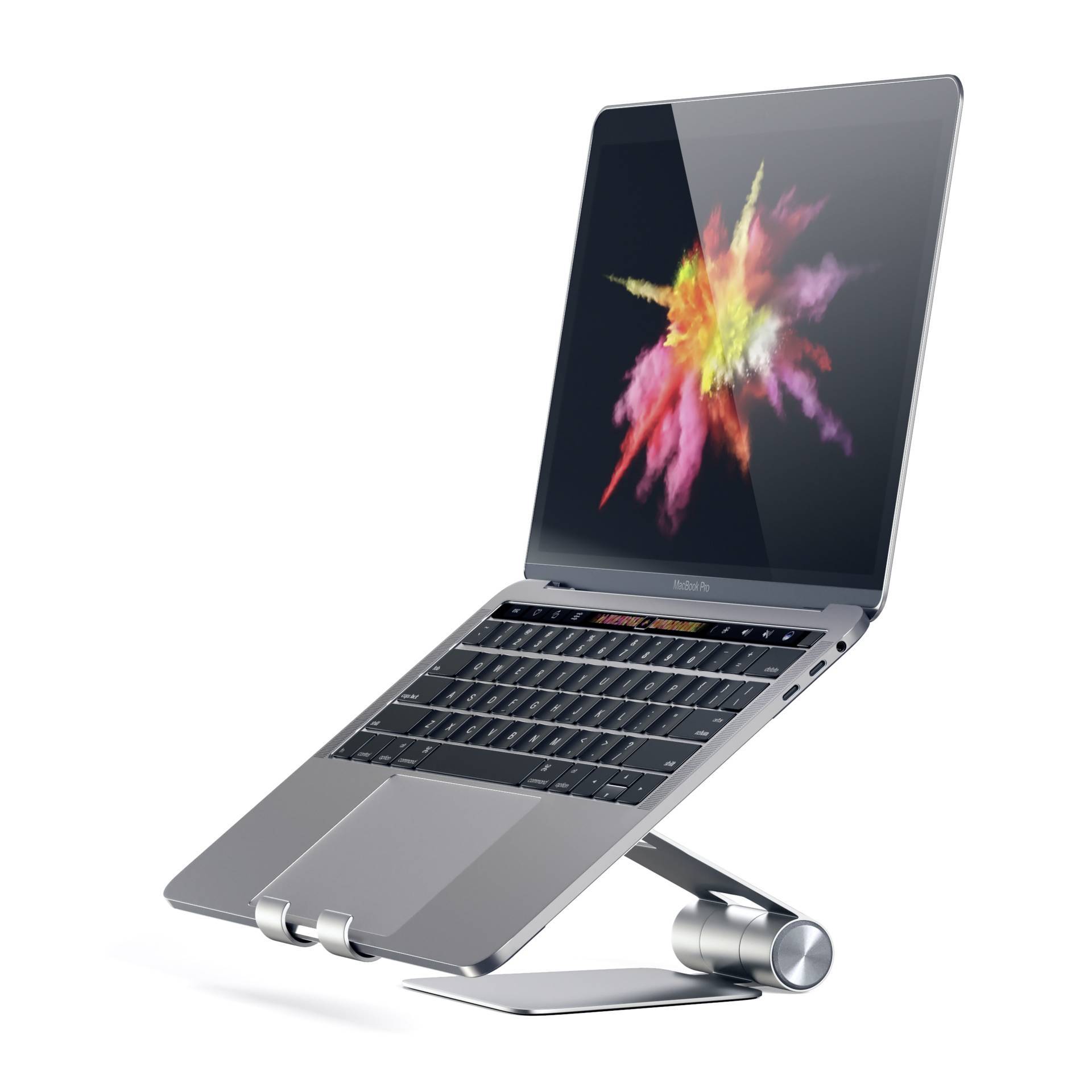 Notebook na stojanu zobrazuje barevný obrázek na obrazovce. Notebook je umístěn v šikmém úhlu.