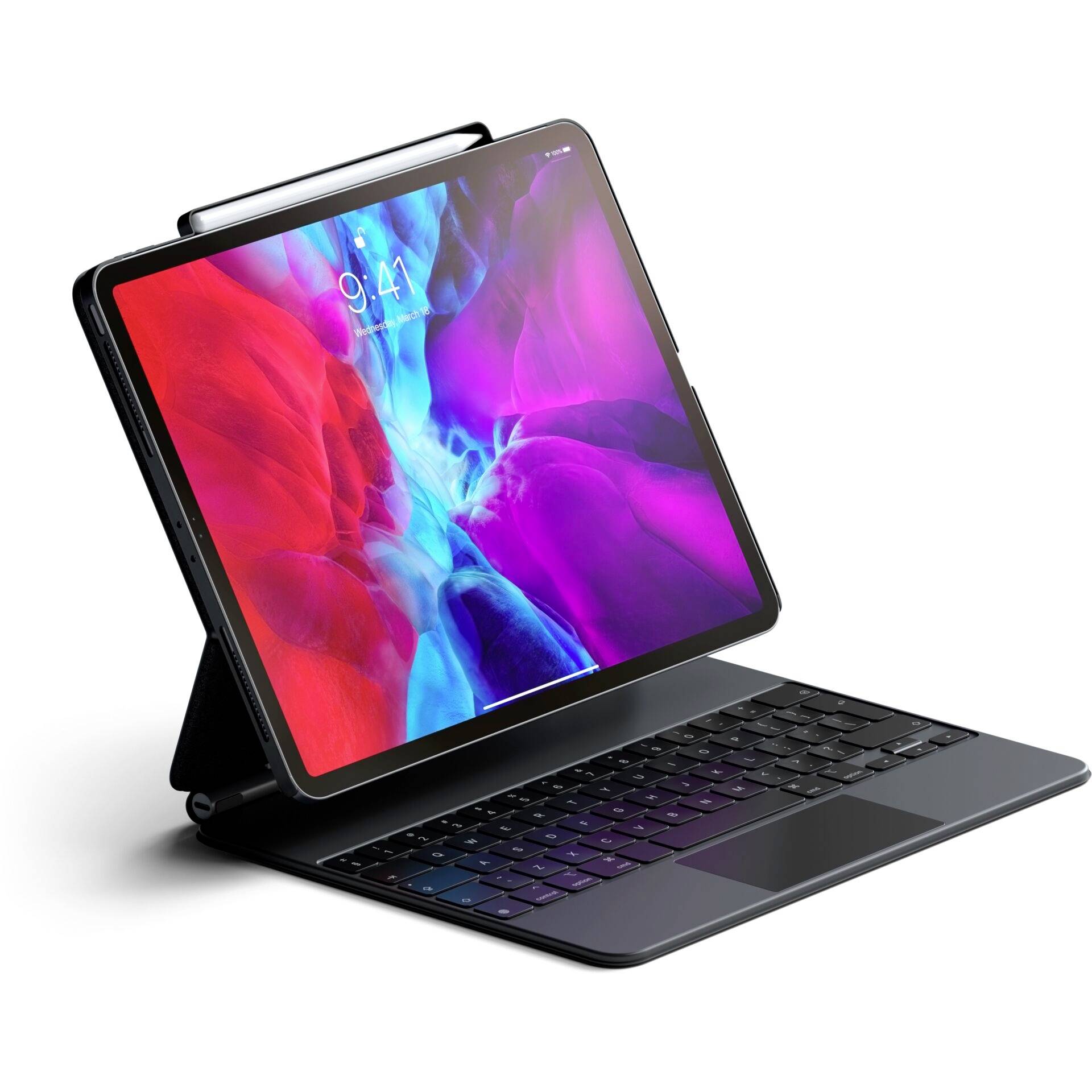 Tablet s barevným displejem, postavené na obalu s integrovanou klávesnicí, nasvícené z šikmého úhlu.