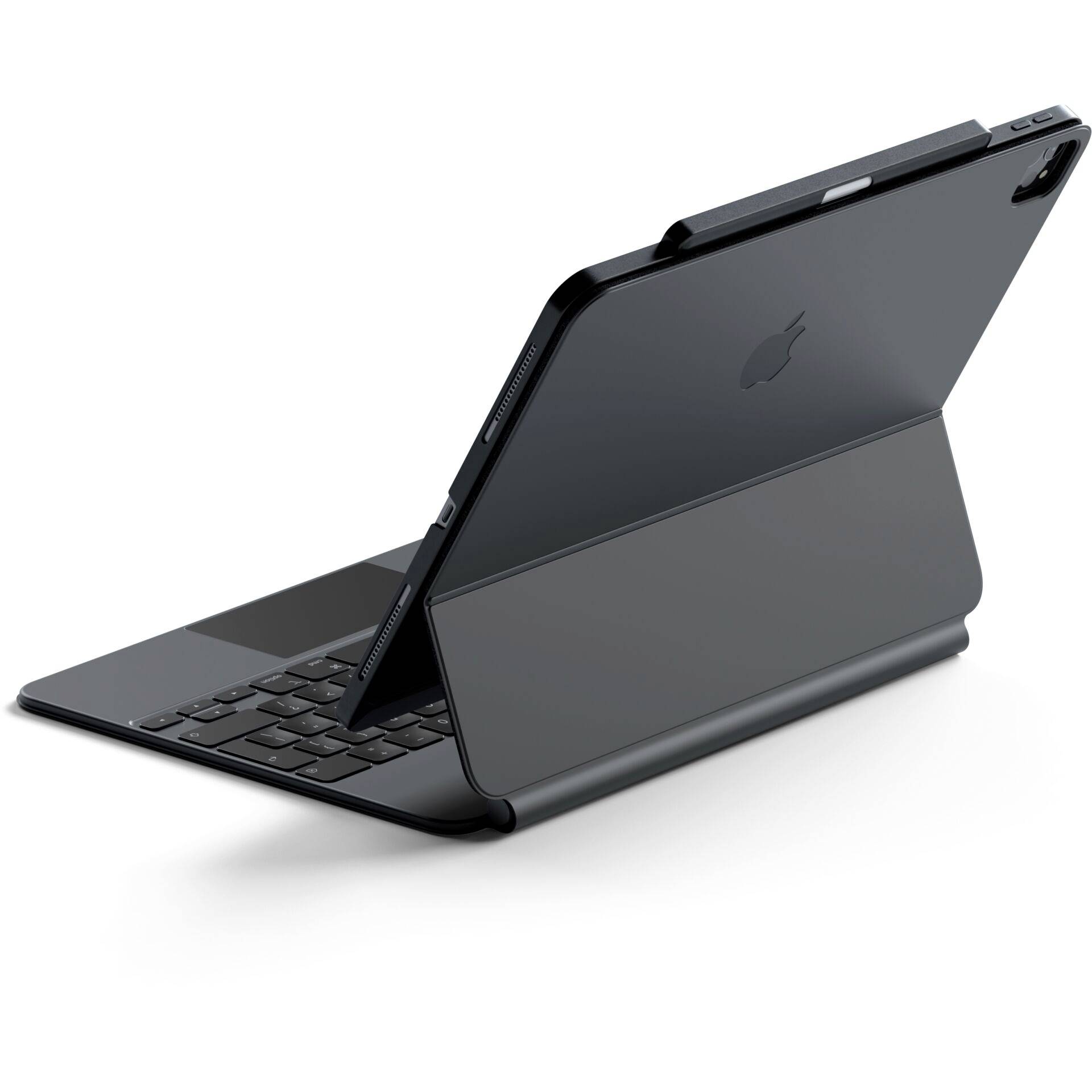 Tablet v šikmém pohledu je připojeno k odnímatelné klávesnicové obálce, což mu dodává vzhled laptopu.