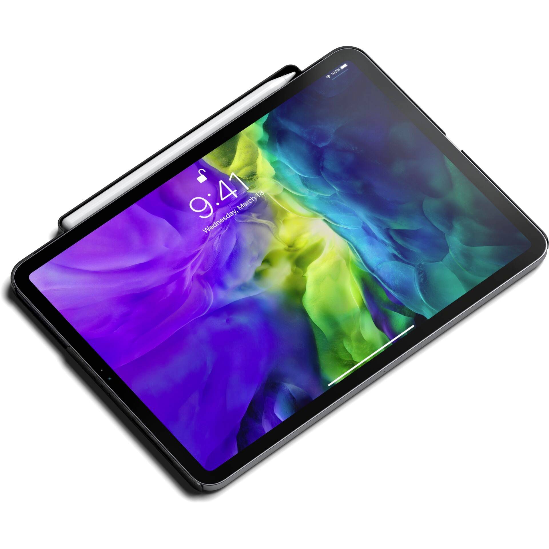 Tablet s perem zobrazující barevnou obrazovku. Čas na displeji je 9:41, datum je středa 24.