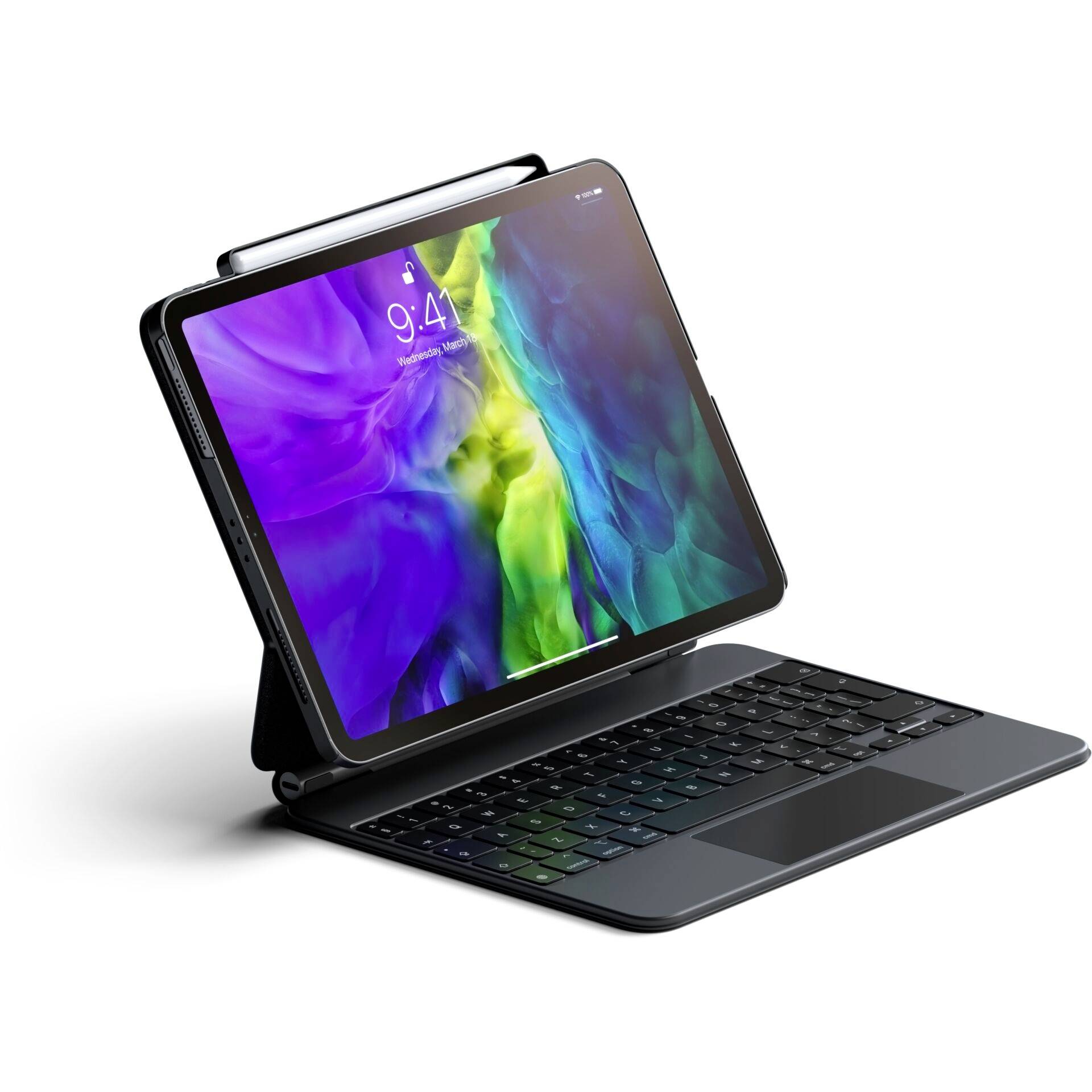Tablet s barevným displejem je připevněno na černé klávesnici. Čas na obrazovce ukazuje 9:41.