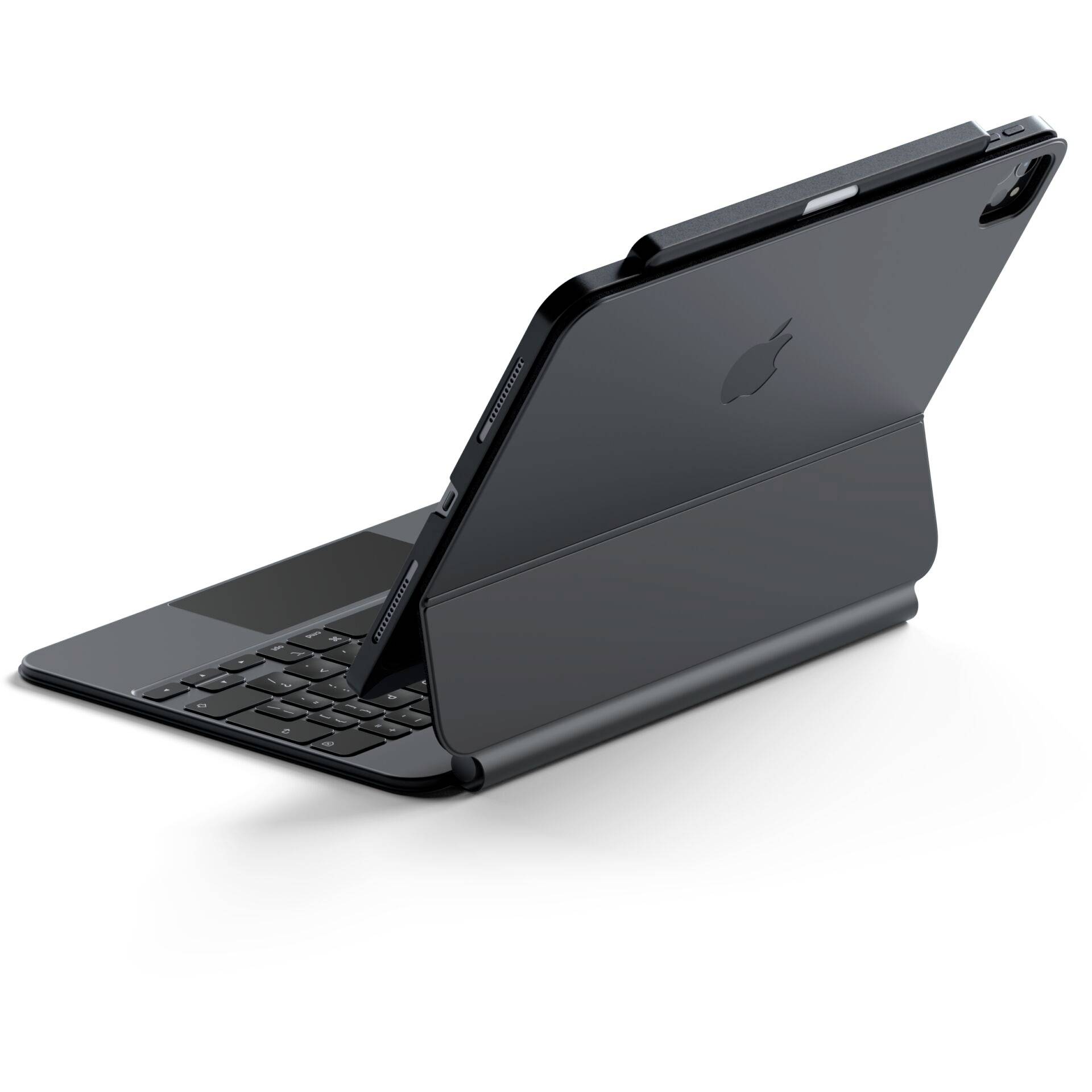 Tablet s připojenou klávesnicí v pohledu z boku, otevíratelný jako notebook.