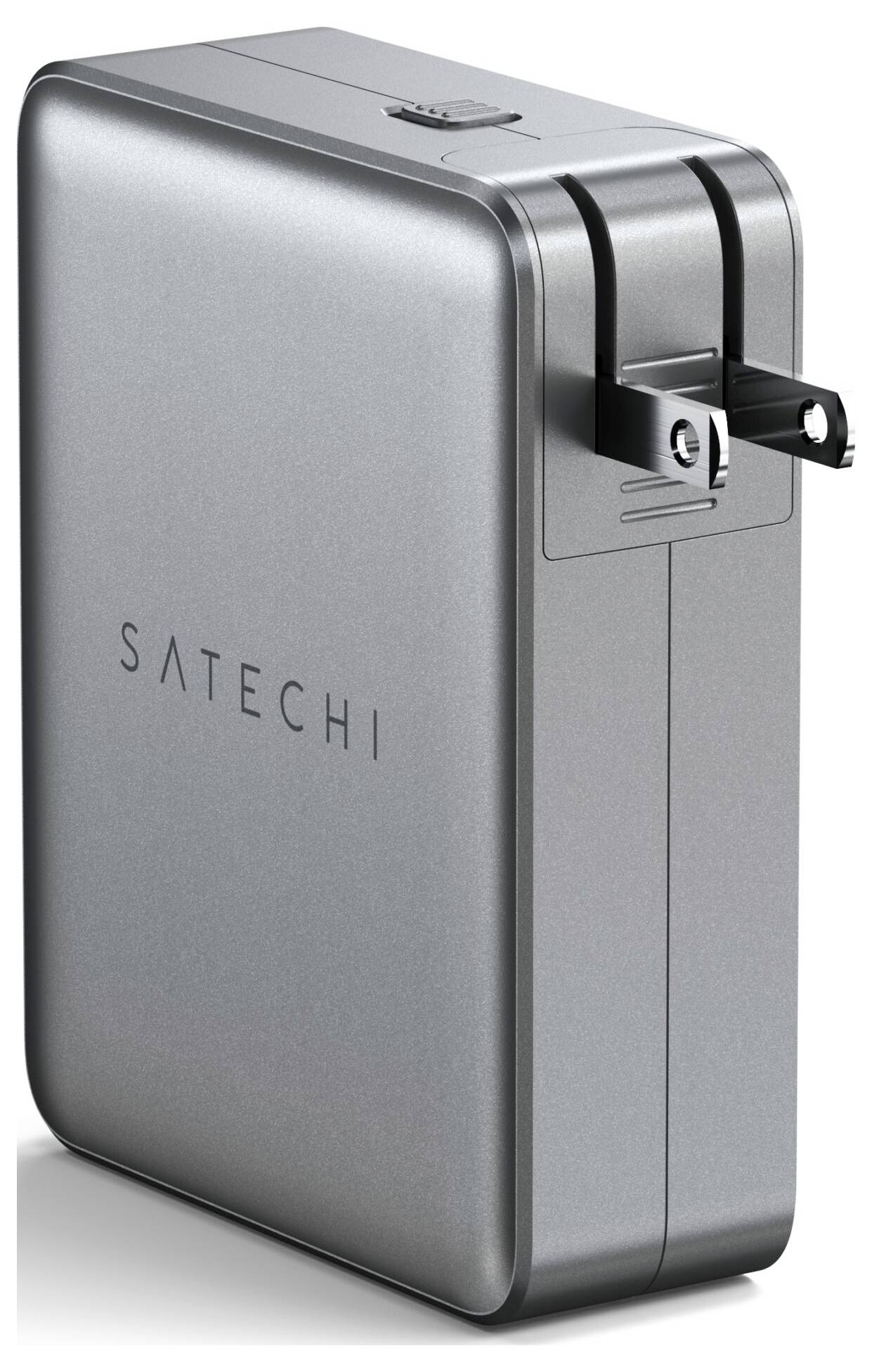 Stříbrná nabíječka od Satechi s výsuvnými kontakty elektrické zásuvky, vhodná pro nabíjení přes USB.