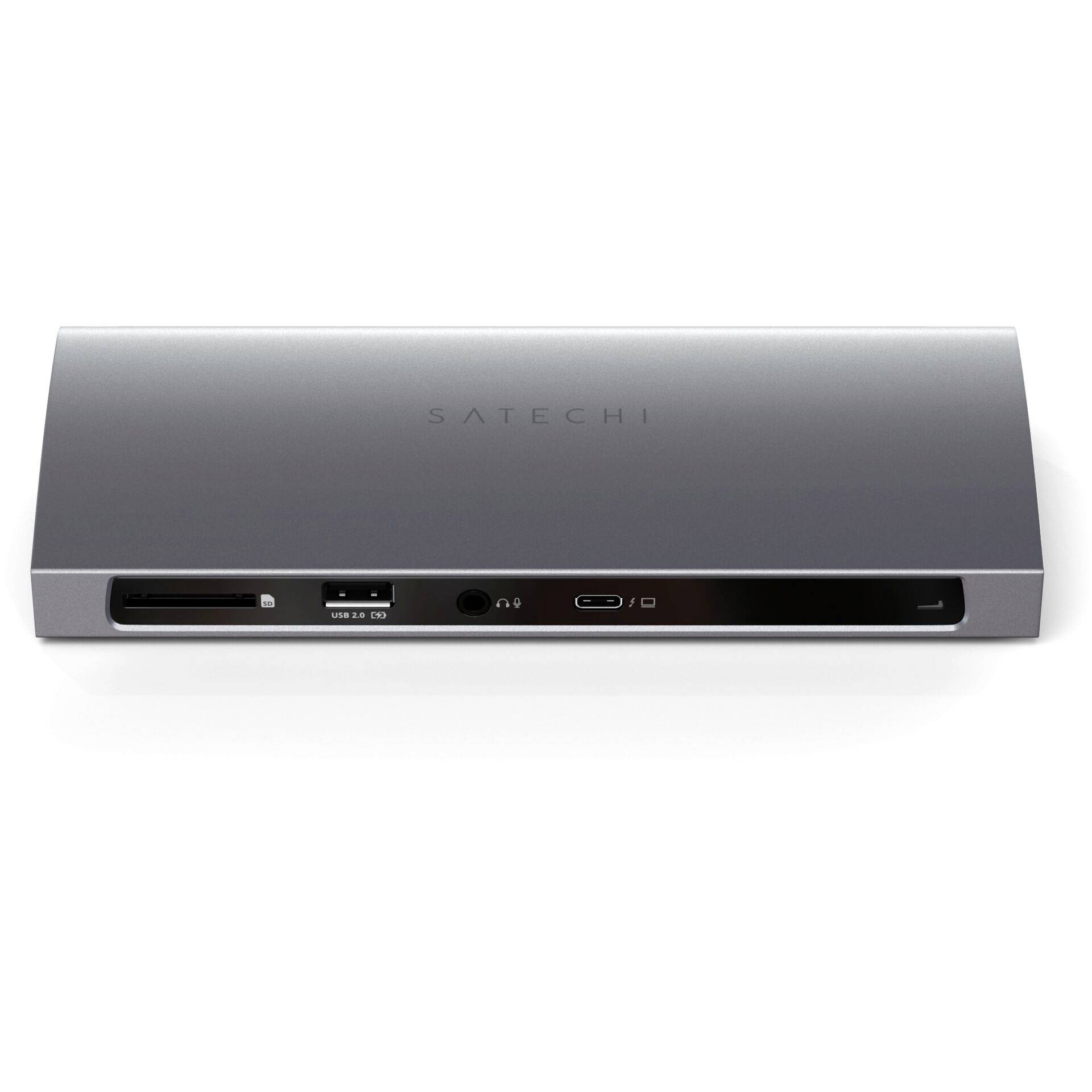 Stříbrný multifunkční mediální adaptér Satechi s více konektory pro USB-C, USB-A a SD karty. Vhodný pro laptopy a tablety.