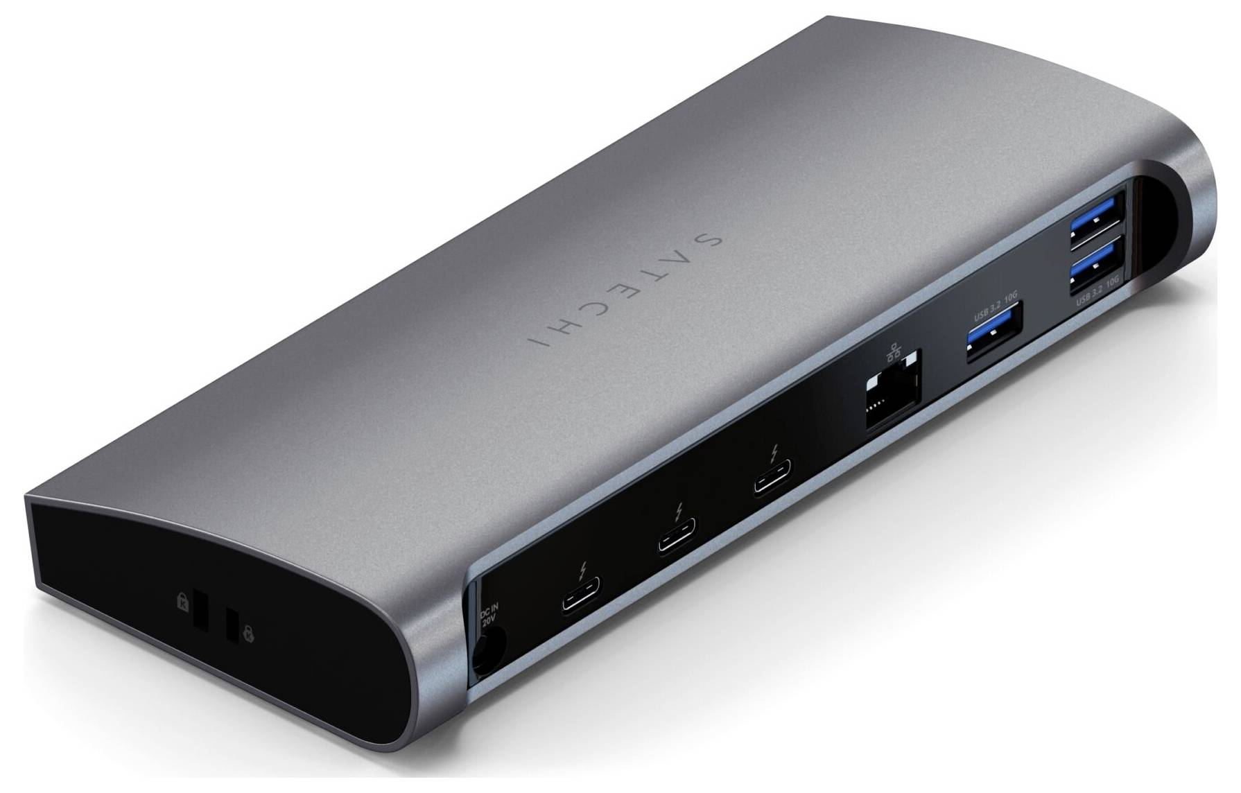 Šedá dokovací stanice USB-C s několika porty, včetně USB, Ethernetu a HDMI. Ideální pro rozšíření možností připojení.