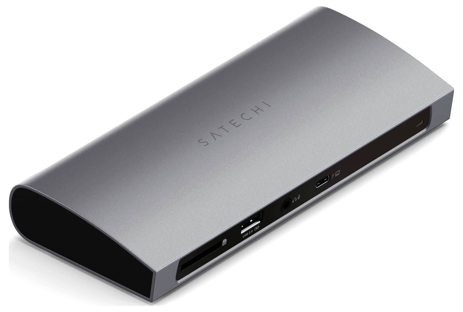 Dokovací stanice SATECHI v kovovém designu s různými porty, včetně USB-C, USB-A a audio konektoru, umístěná na bílém pozadí.