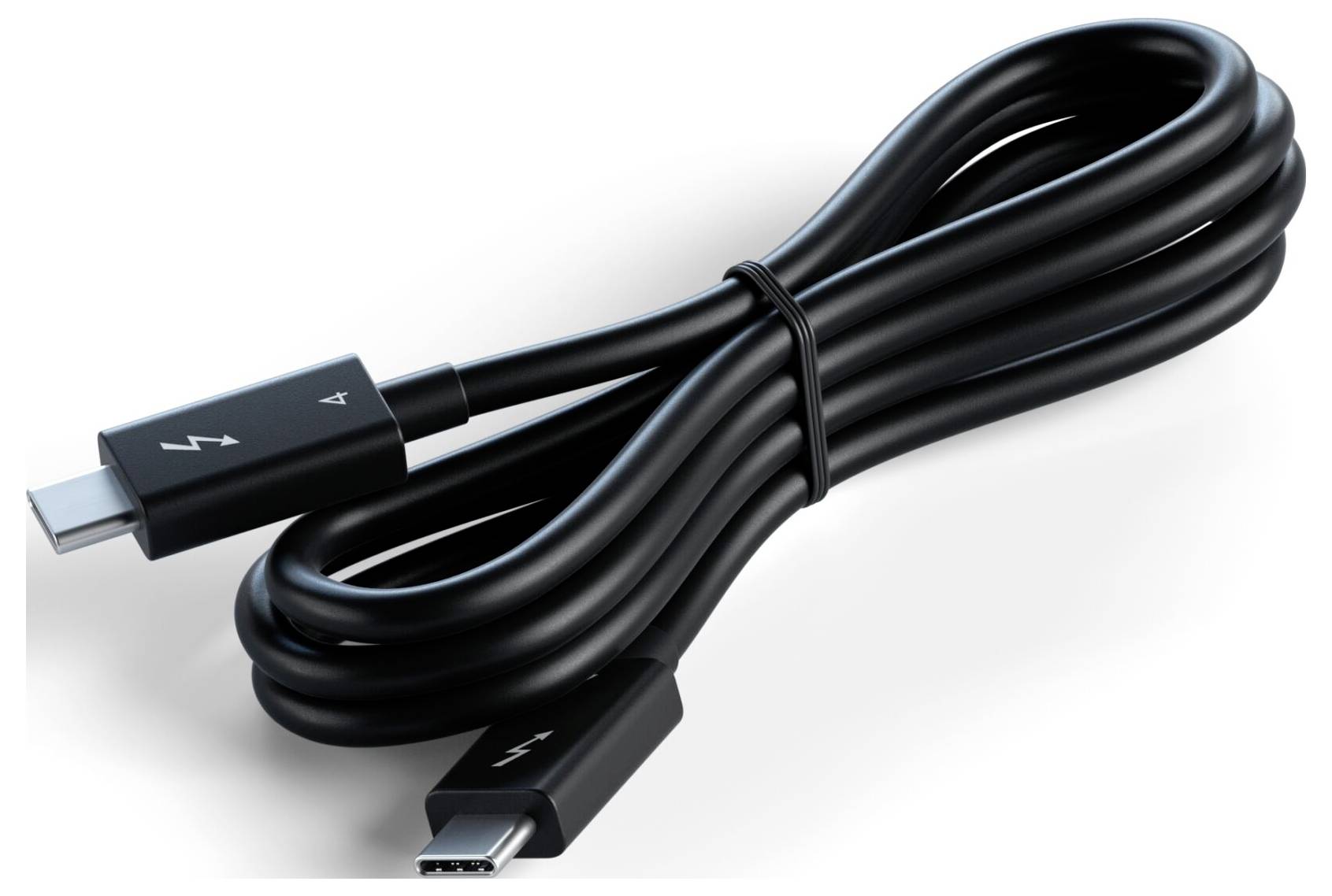 Černý USB-C kabel s Thunderbolt symboly na koncovkách, svinutý a připravený k připojení elektronických zařízení.