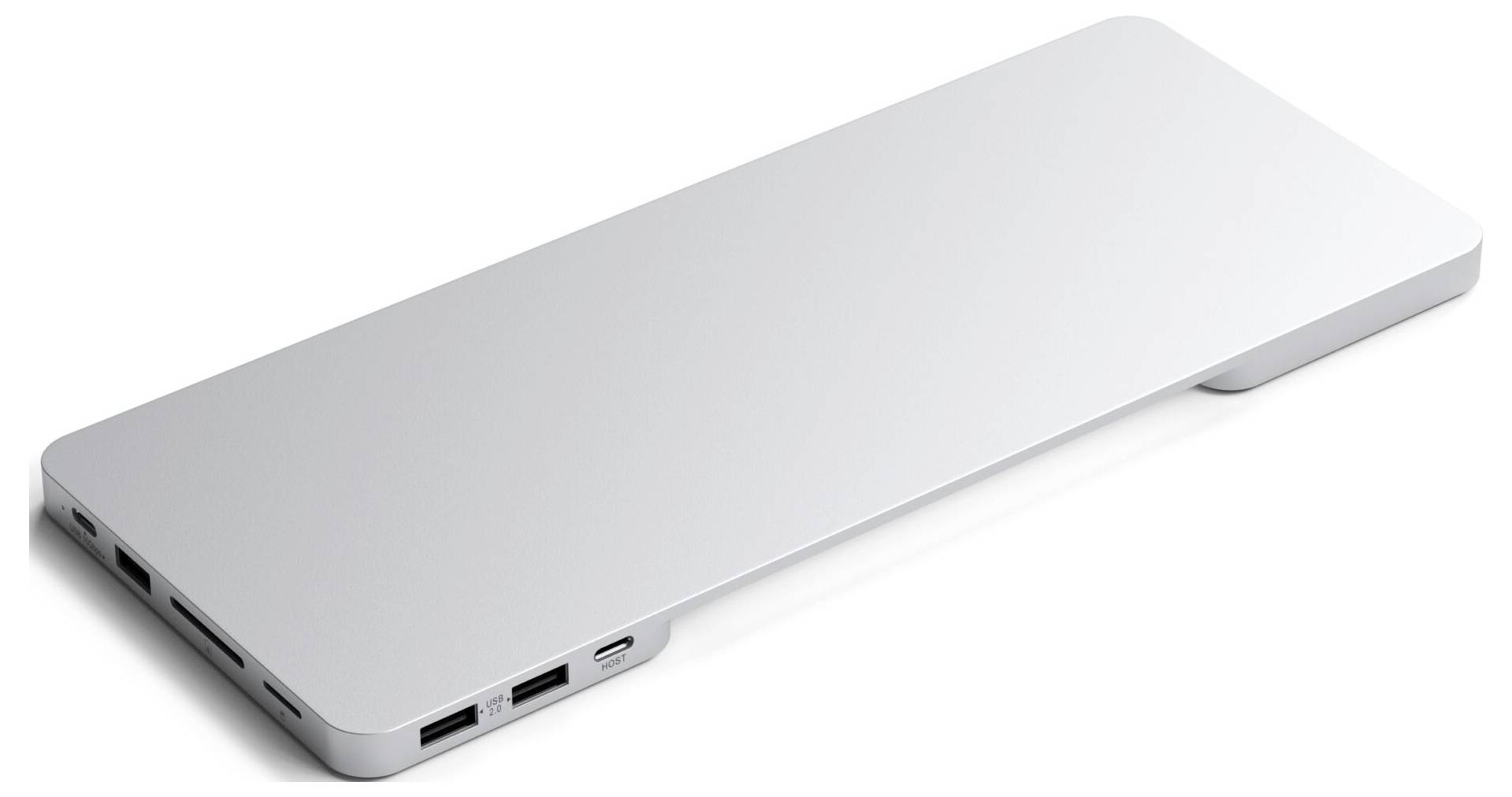 Plochá, stříbrná dokovací stanice pro laptop s několika konektory, včetně USB, Ethernetu a HDMI, určená pro rozšířené možnosti připojení.